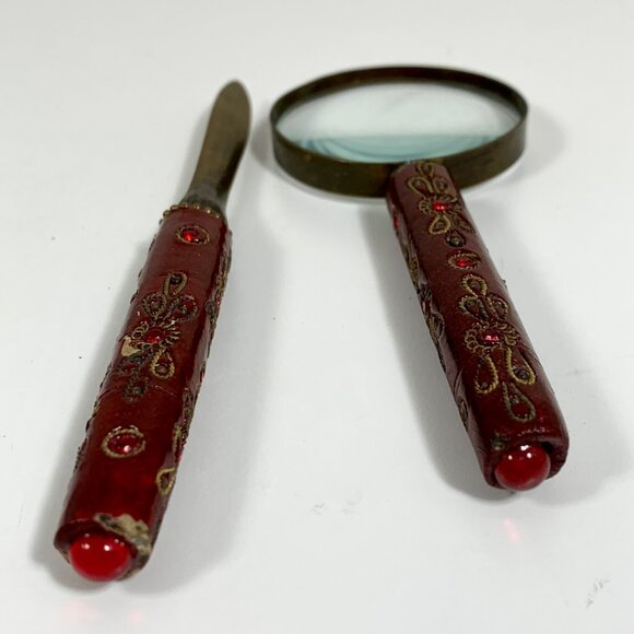 Vintage Red Enamel Letter Opener & Magnifying Glass Set - Floral Design Handles - Picture 3 of 8